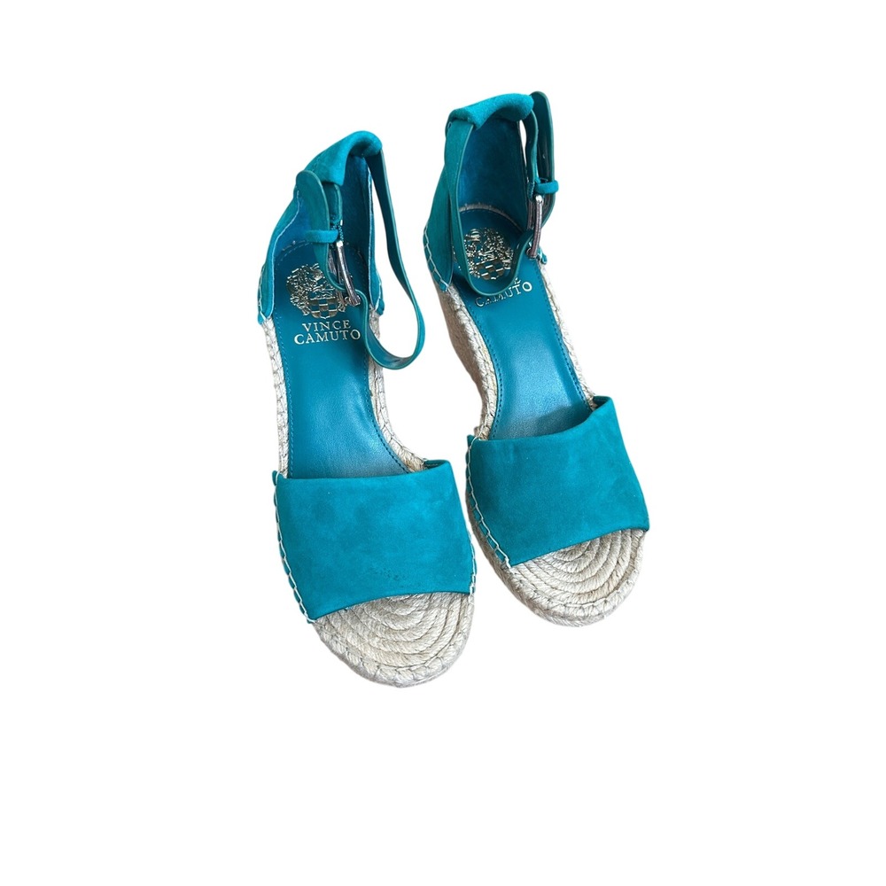Vince Camuto Teal Suede Espadrille Wedge Sandals Ankle Strap Size 7M 37.5